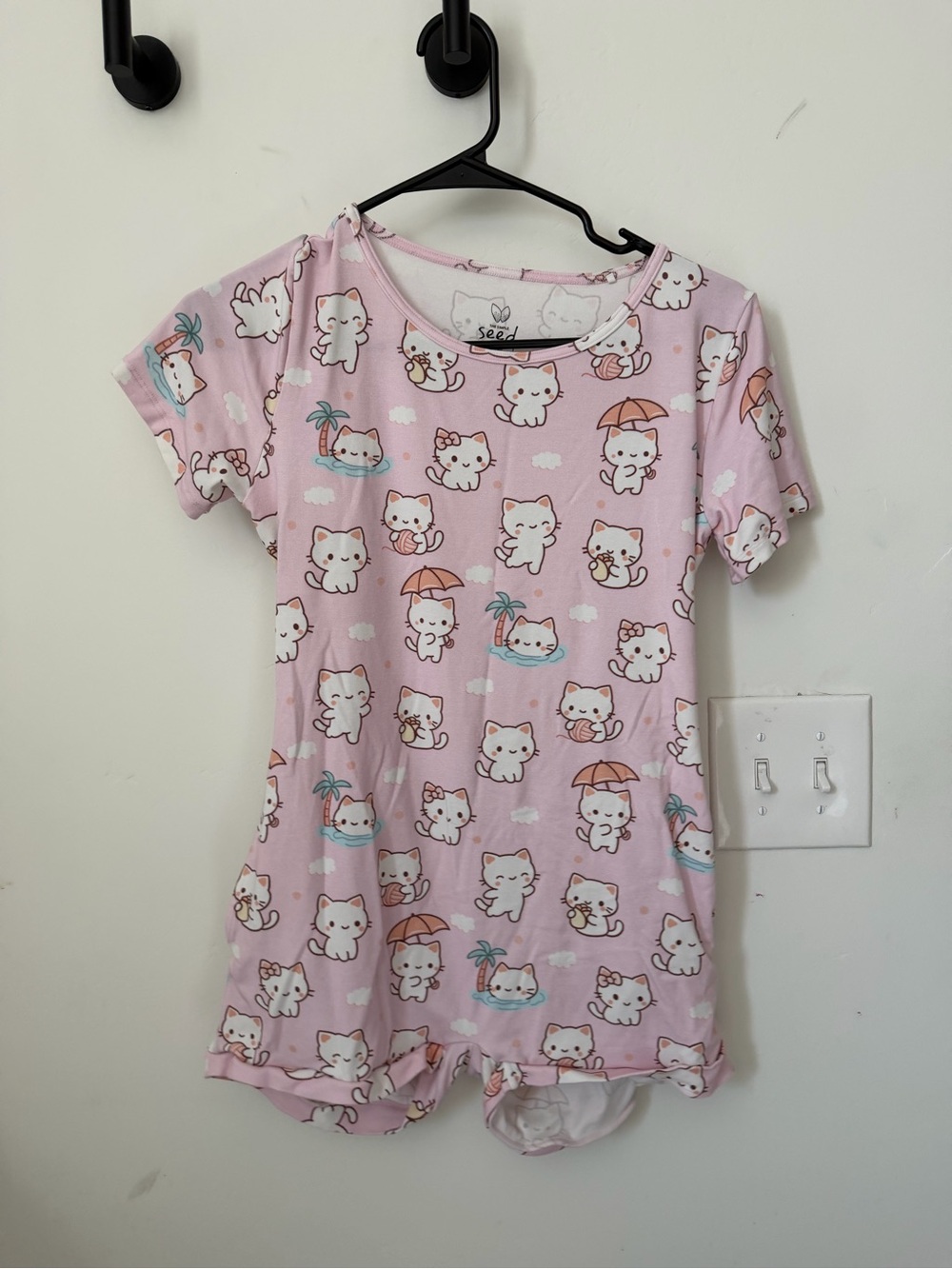 Simple seed bamboo cotton blend Light Pink Cat Print Short Sleeve Pajama Set